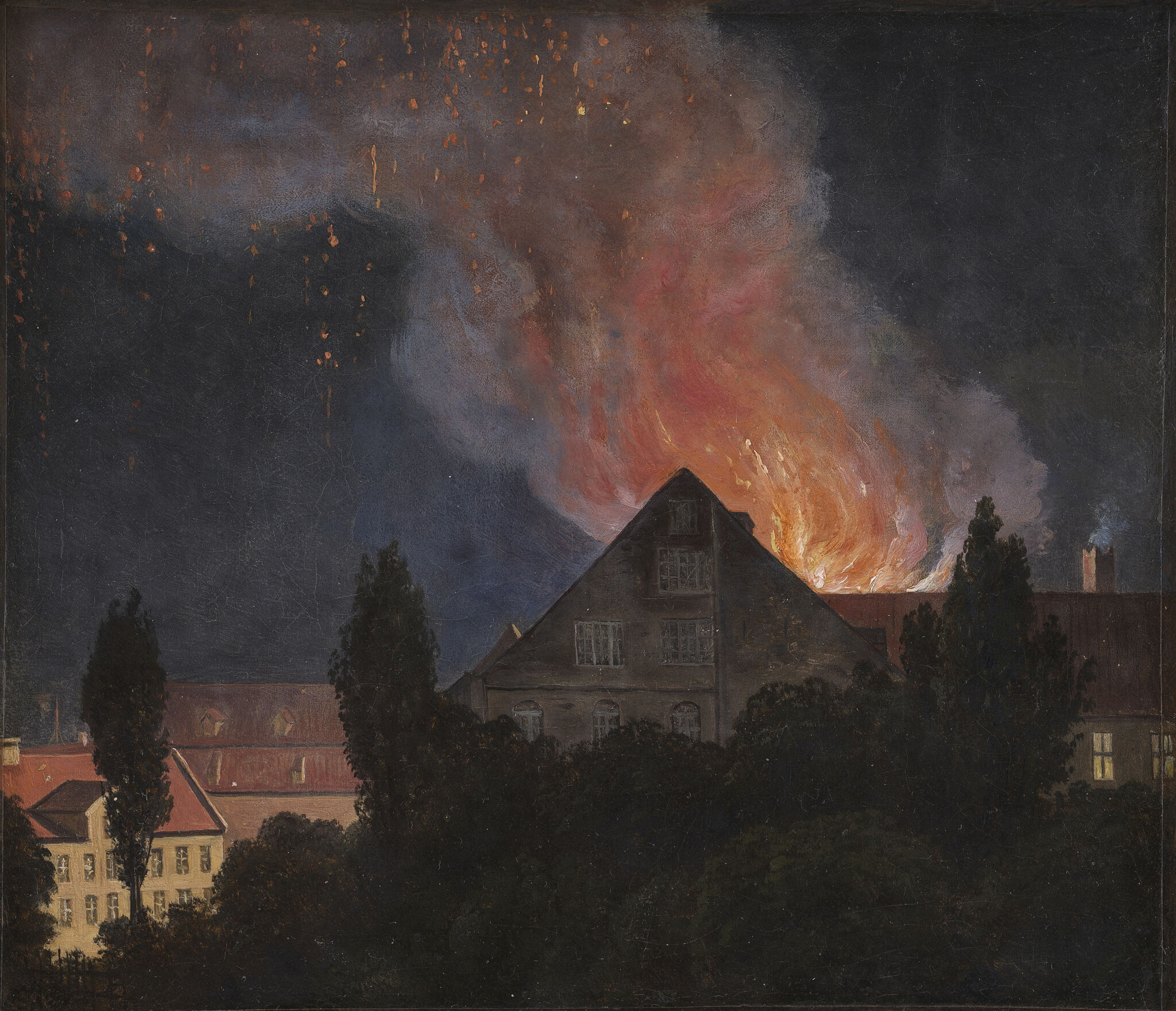 Fig. 13. J.P. Møller: Ildebrand i instrumentmager Marschalls gård i Bredgade, 1828. Olie på papir, monteret på lærred, 17 x 19,5 cm. Privateje. Malet fra et vindue i bagbygningen til Thotts Palæ, hvor Moltkes Galleri havde til huse. Her sad Møller åbenbart brandvagt natten mellem 25. og 26. februar 1828 under en voldsom brand i Norgesgade 179 (nuværende Bredgade 9), og han har udnyttet tiden til at male scenen. Studiet blev købt af organist R.C. Rasmussen på et tidspunkt mellem 1855 og 1874.
