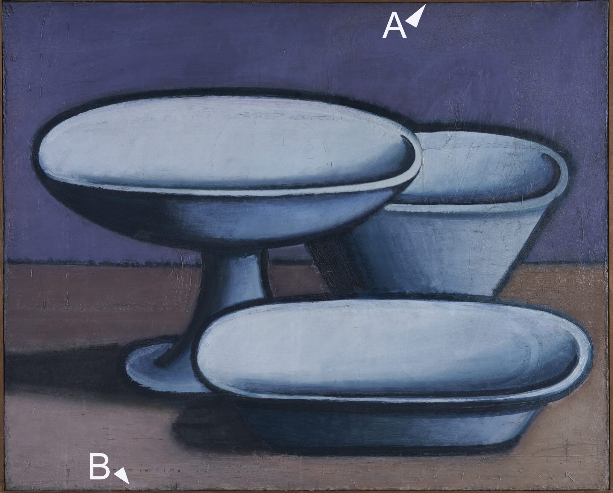 Fig. 4a. Nature morte. A og B angiver hvor prøver til farvesnit er udtaget, se fig. 4b.