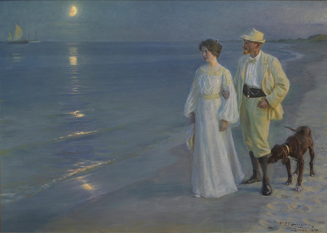 Fig. 4a. Painting by P.S. Krøyer: Summer evening on the beach at Skagen, oil on canvas, 135 x 187 cm. The Hirschsprung Collection, Copenhagen.