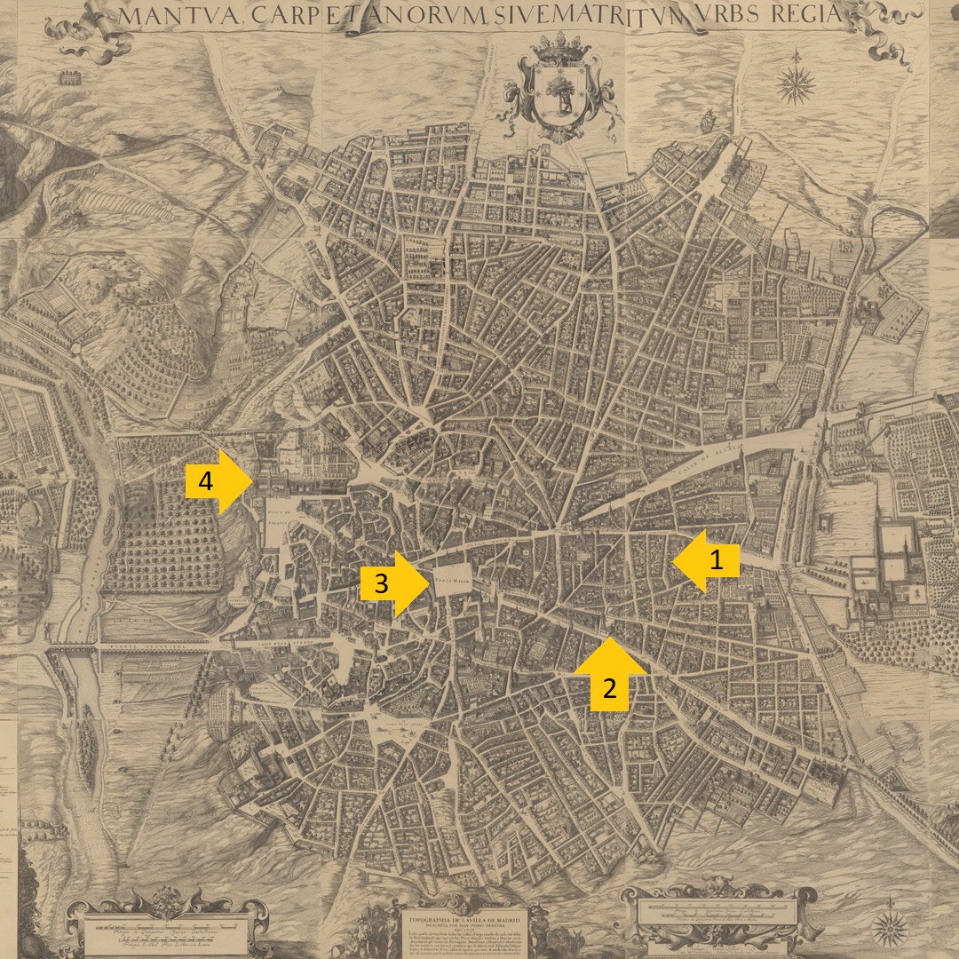 Fig. 7. Map of Madrid ”Topografia de la villa de Madrid descrita por Don Pedro Texeira. Año 1656”. With a dedication to Philip IV. (foto efter ”Los Planos de Madrid”). 1. Calle del Baño (her boede Eugenio Cajés). 2. Iglesia de S. Sebastian (Skt. Sebastian kirken). 3. Plaza Mayor. 4. El Real Alcázar de Madrid (kongeslottet)