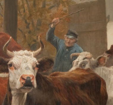 Otto Bache, Køerne drives ud af stalden (detalje), 1885, olie på lærred, 205 x 315 cm. Købt 1885. SMK, KMS1239