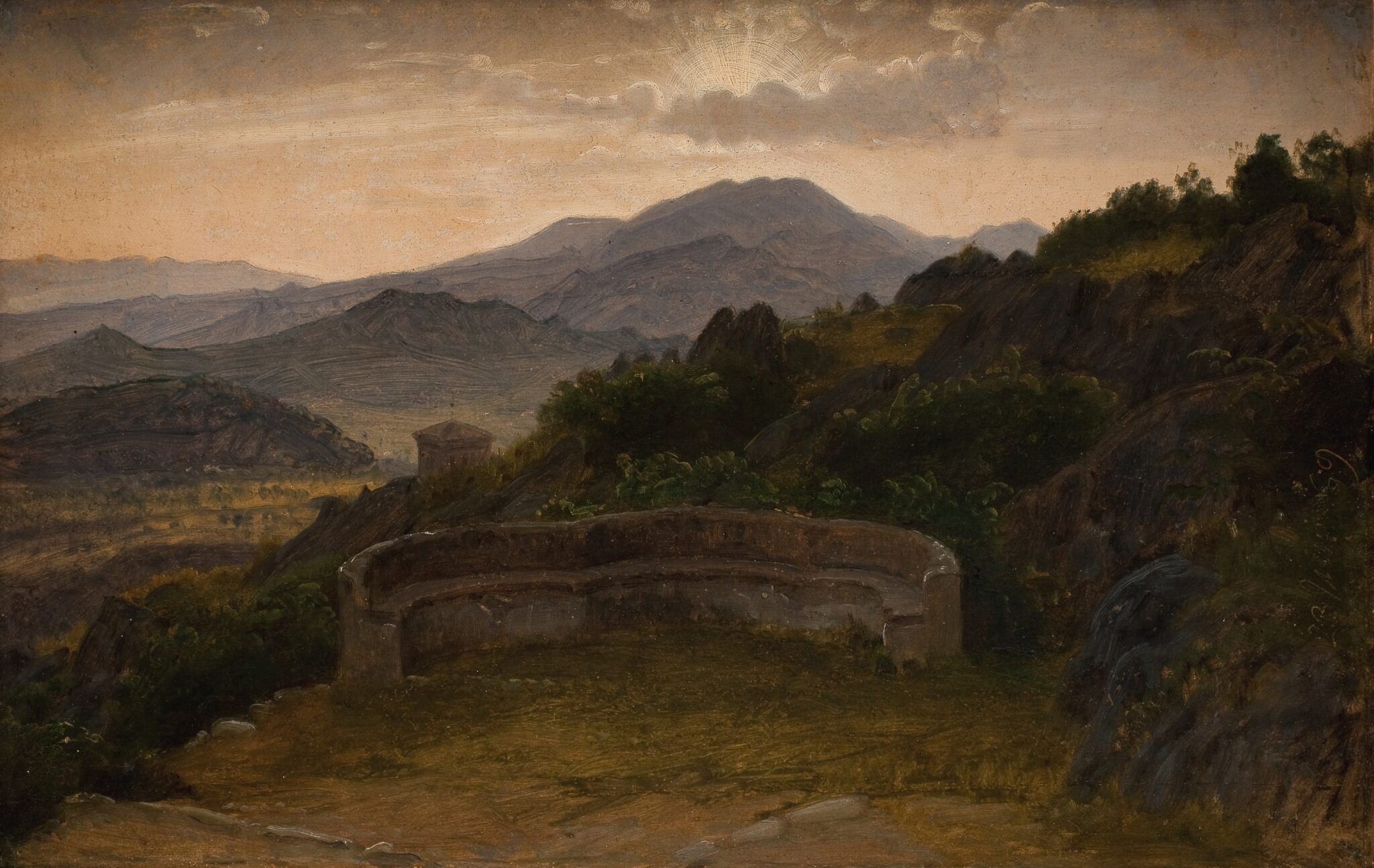 Fig. 4: P.C. Skovgaard, ”Landskab nær Subiaco. Aftensol”, 1869. Olie på papir opsat på lærred, 28,5 x 43,5 cm. Statens Museum for Kunst, inv.nr. KMS3730. Foto: Public domain.