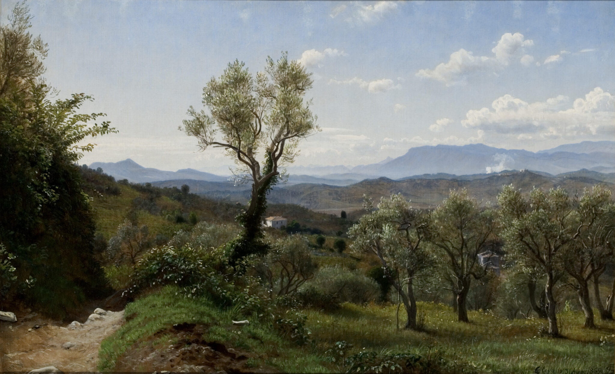 Fig. 7: P.C. Skovgaard, ”Bjerglandskab med oliventræer ved Olevano”, 31. august 1869. Olie på lærred, 38 x 62 cm. Skovgaard Museet, inv.nr. 14.366. Foto: Lars Guldager.