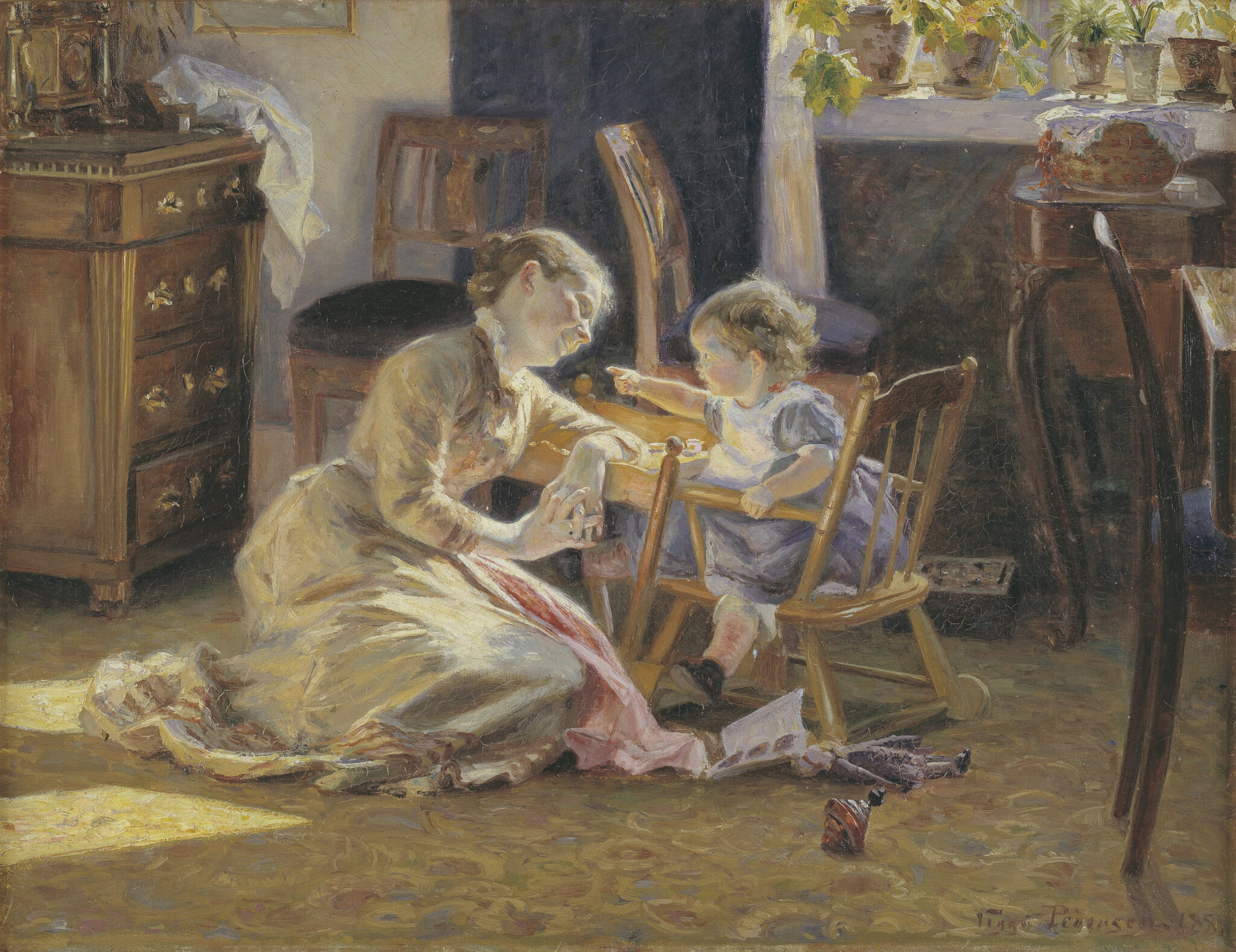 Fig. 11. Viggo Pedersen: Solskin i Dagligstuen. Kunstnerens hustru og barn. 1888. Olie på lærred. 35,5 x 45,5 cm. Statens Museum for Kunst. Inv.nr. KMS1363. 
