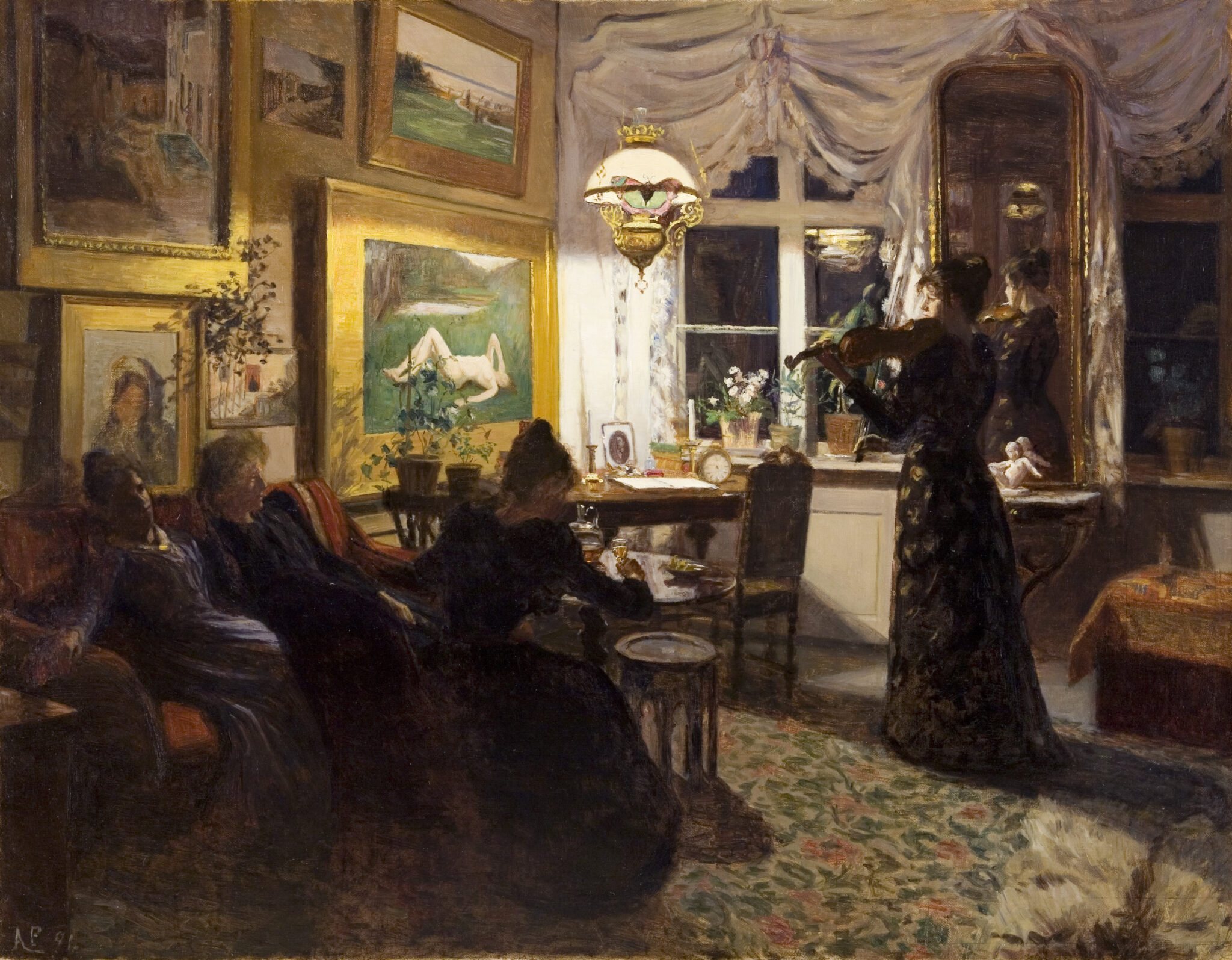 Fig. 1. Anne Sophie Petersen: En Aften hos Veninden i Lampelys. 1891. Olie på lærred. 145 x 173,4 cm. Den Hirschsprungske Samling. Inv.nr. 3168. Foto: Den Hirschsprungske Samling.
