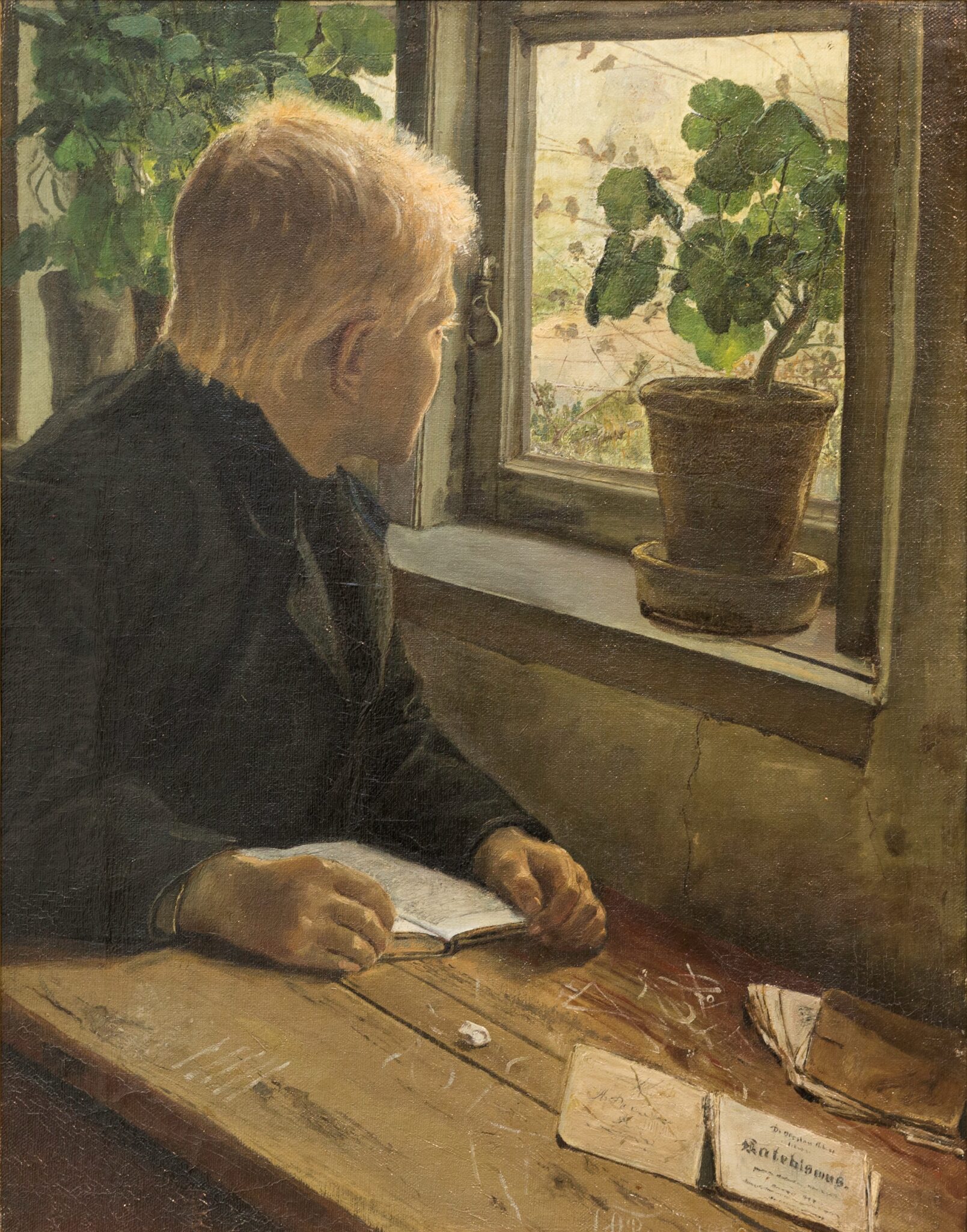 Fig.9. Laurits Andersen Ring: Bondedreng ved sine lektier. Olie på lærred. 60 x 47.1 cm. 1883. Privatsamling. Foto: Public domain, via Wikimedia Commons