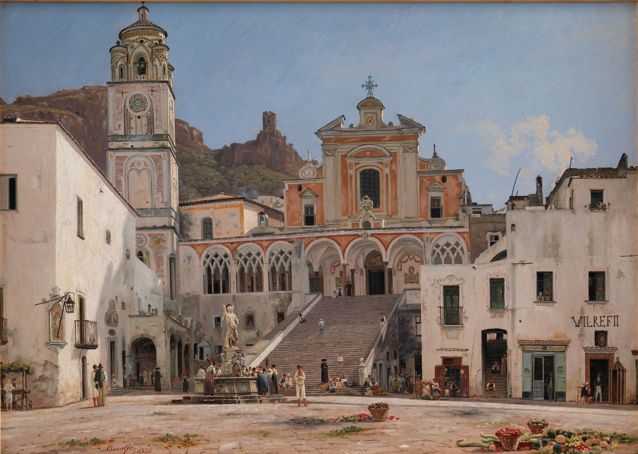 Fig. 1. Martinus Rørbye: Parti af torvet i Amalfi. 1835. Olie på papir, monteret på lærred. 44 x 63 cm. Statens Museum for Kunst, inv.nr. KMS8884.Malet i dagene 18.-31. august 1835 og udstillet i Kunstforeningen i februar 1838. På Rørbyes auktion i 1849 købt af grosserer Theodor Kastrup. 