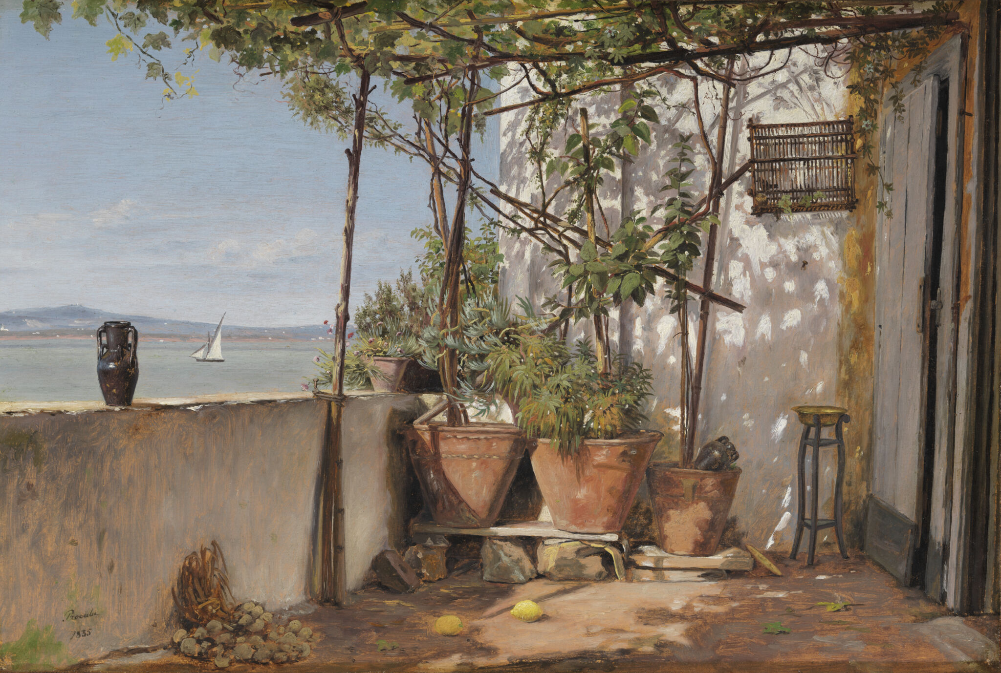 Fig. 6. Martinus Rørbye: Loggia på Procida. 1835. Olie på lærred. 32 x 47,5 cm. Nationalmuseum, Stockholm, inv.nr. NM 7402.Malet i dagene 27.-29. juni 1835 og udstillet i Kunstforeningen i februar 1838. Siden medbragt på kunstnerens anden italienske rejse og derefter foræret til C.F. Holm. 