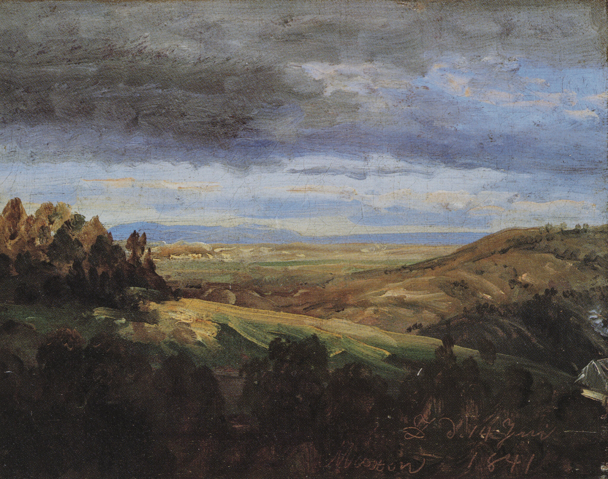 Fig. 7. J.C. Dahl: Udsigt fra verandaen i Maxen, uvejrsstemning. 1841. Olie på lærred. 21 x 27 cm. Privateje.Malet til baronesse Stampe som en teknisk demonstration og efter hendes hjemkomst udstillet i Kunstforeningen i marts 1843. Maleriet blev på Nysø indtil et bortsalg i 1876. 