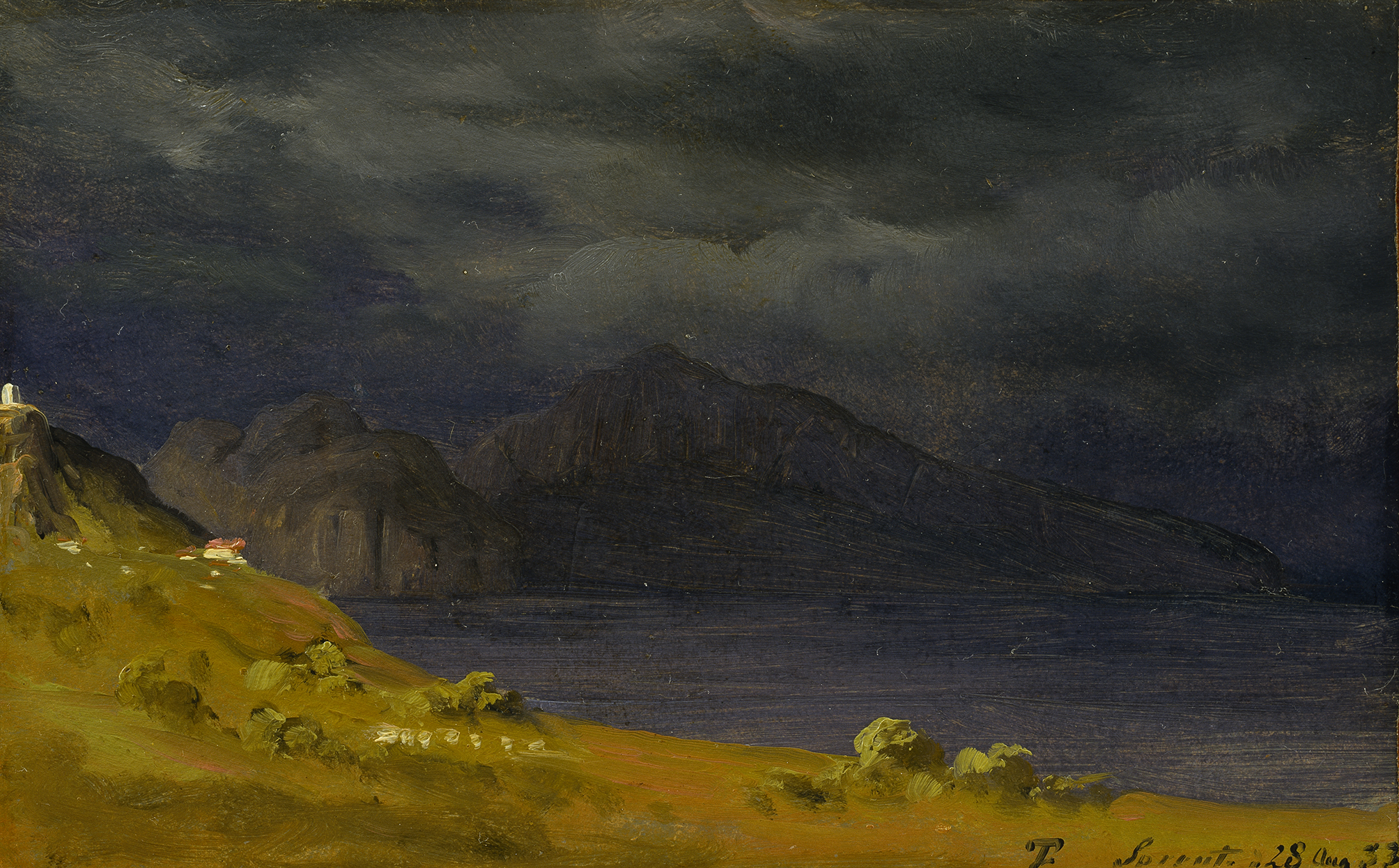 Fig. 10. Thomas Fearnley: Capri set Sorrento. 1833. Olie på lærred. 15,1 x 22,2 cm. Thorvaldsens Museum, inv.nr. B192.Erhvervet af Bertel Thorvaldsens mellem 1833 og 1838 og offentligt udstillet på hans museum fra 1848 sammen med landskabsstudier af Carl Gustav Carus, Franz Ludwig Catel og C.W. Eckersberg. 