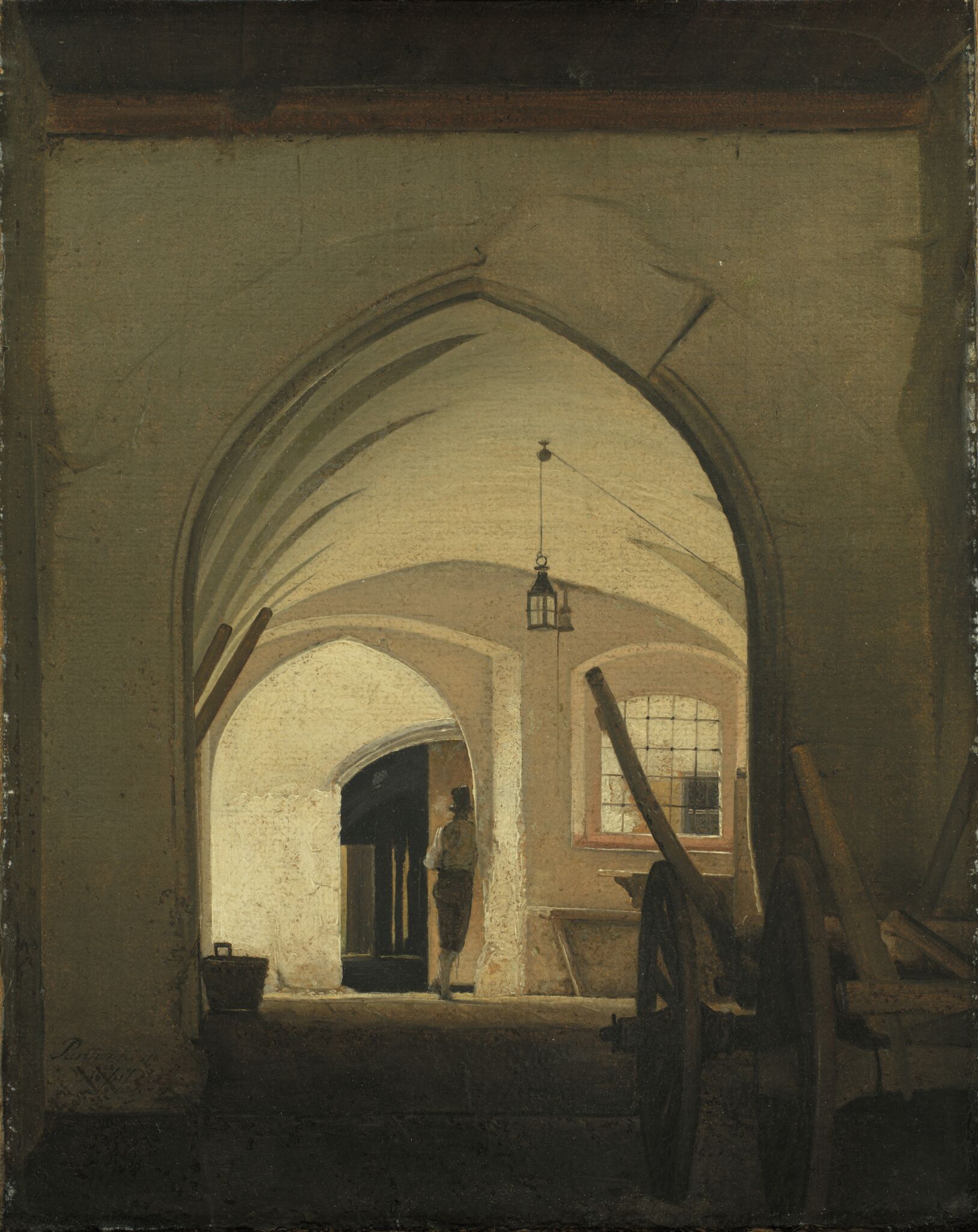 Fig. 11. Wilhelm Bendz: En vognport. Partenkirchen. 1831. Olie på papir, monteret på lærred. 33 x 26,5 cm. Statens Museum for Kunst, inv.nr. KMS4081.I 1834 skænket af kunstnerens familie til prins Christian Frederik, den senere Christian VIII. Hang siden på Sorgenfri Slot indtil enkedronning Caroline Amalies død i 1881. 