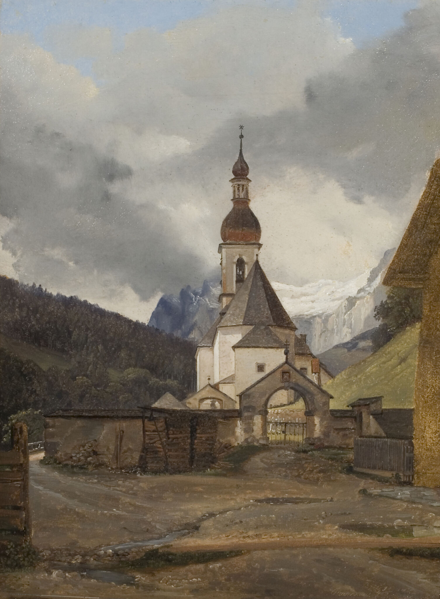 Fig. 14. Wilhelm Bendz: Kirken i Ramsau. 1832. Olie på papir, monteret på lærred. 30 x 22 cm. Fuglsang Kunstmuseum, inv.nr. 394.Tilhørte oprindeligt et medlem af familien Collin, som i 1840’erne eller 1850’erne solgte det til grosserer Theodor Kastrup. 