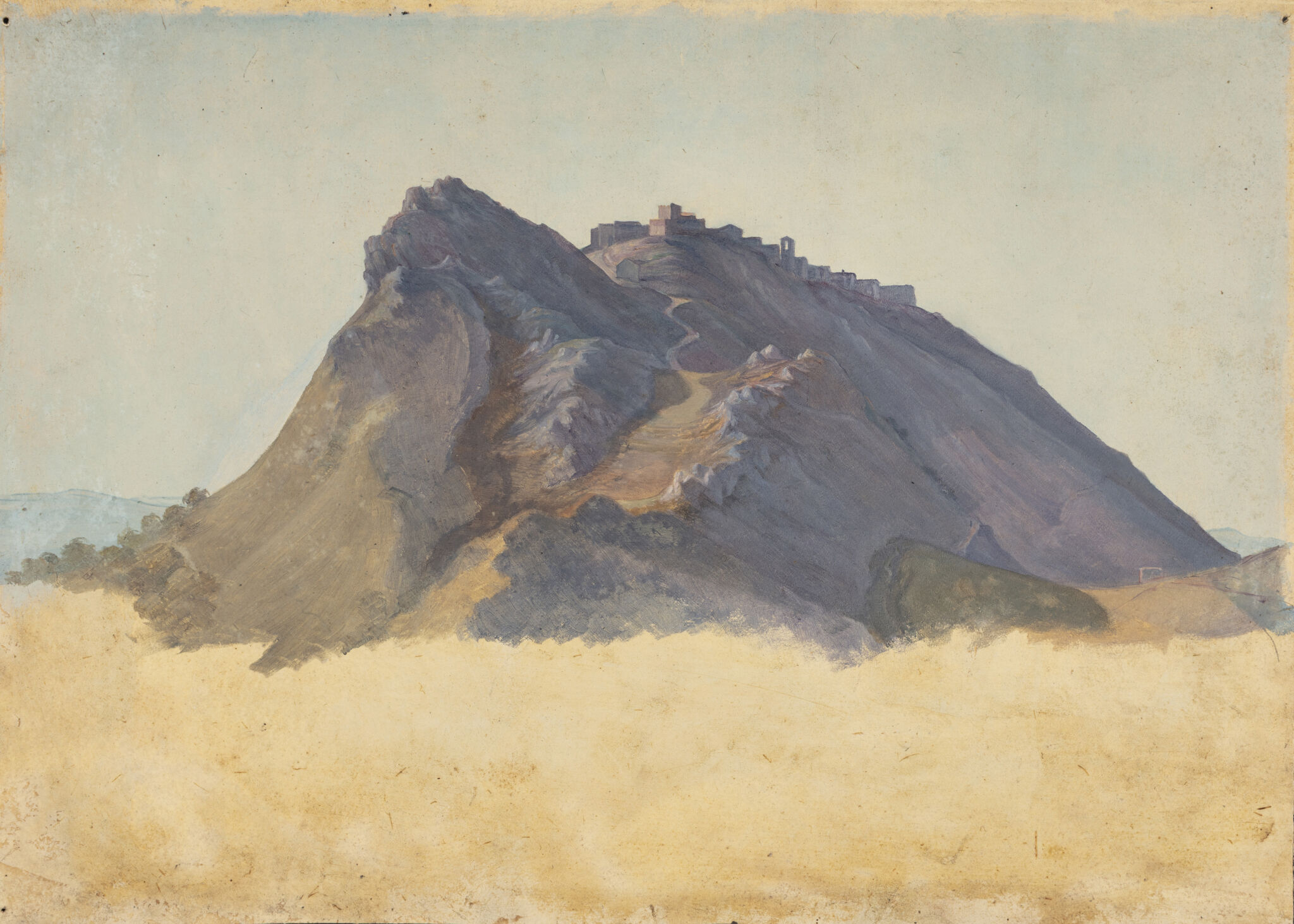 Fig. 16. Ditlev Blunck (her tilskrevet): Landskabsstudie med bjergby. Ca. 1836. Olie på papir. mål cm. Den kgl. Kobberstiksamling, Bravos arkiv.Indgået 1876 som testamentarisk gave fra Johan Bravo. Placering: Bravos arkiv, olie på papir nr. 5 