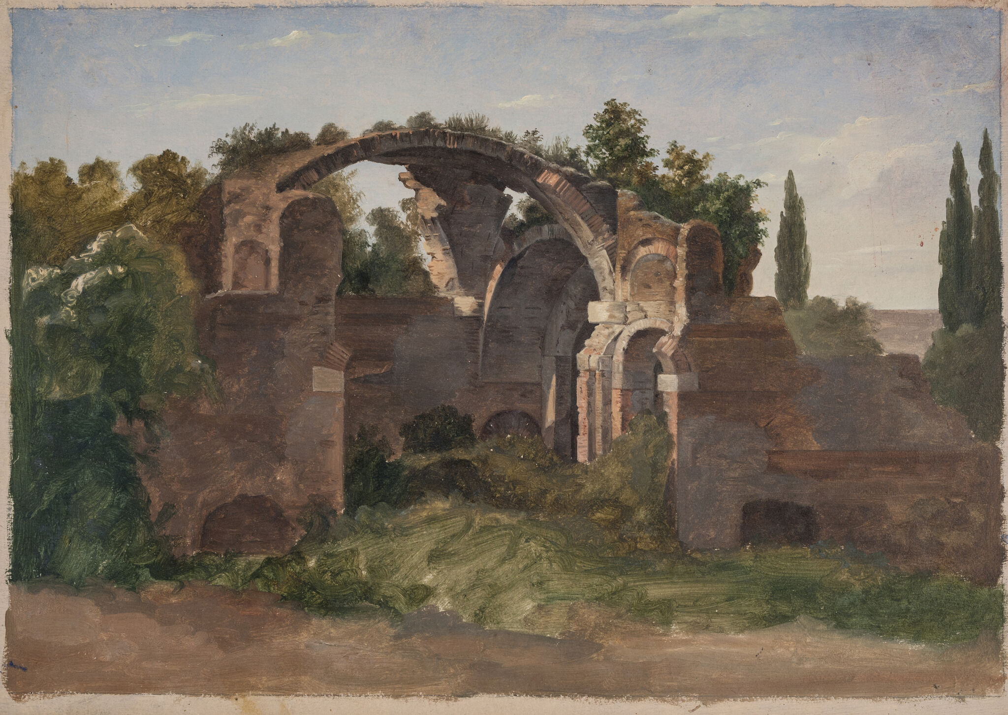 Fig. 17. Ukendt kunstner: Ruiner af det store badeanlæg i Hadrians Villa. Olie på papir. 23,8 x 33,5 cm. Den kgl. Kobberstiksamling, inv.nr. KKSgb13517.Indgået 1876 som testamentarisk gave fra Johan Bravo. placering: Bravos arkiv, olie på papir nr. ? 