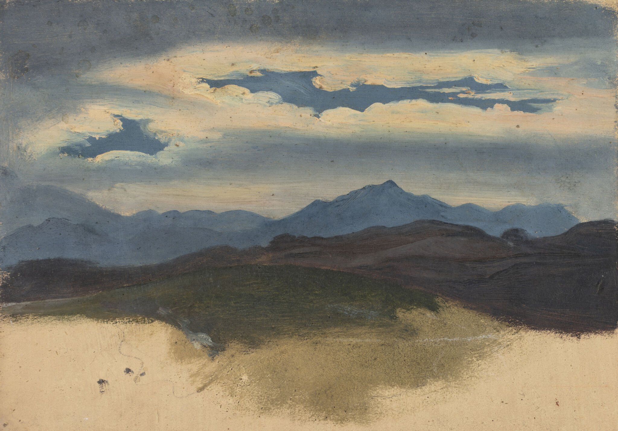 Fig. 19. Ukendt kunstner: Aftenhimmel i en bjergegn. Olie på papir. mål cm. Den kgl. Kobberstiksamling, Bravos arkiv.Indgået 1876 som testamentarisk gave fra Johan Bravo. placering: Bravos arkiv, olie på papir nr. 41 