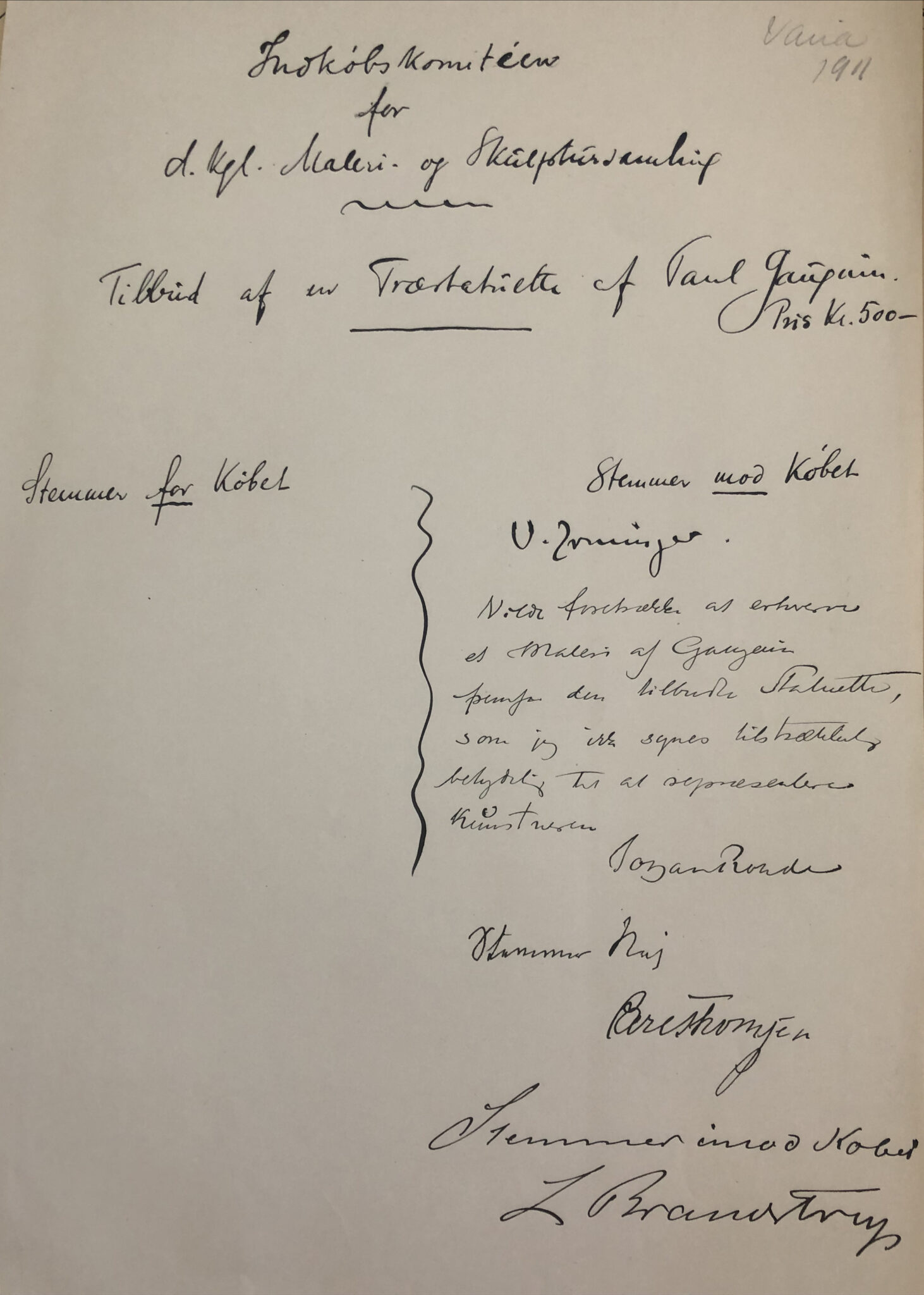 Fig. 5. Note from 1911 showing how the acquisitions committee made decisions on acquisitions by voting for and against. The specific example shows an offer to purchase a wooden statuette by Paul Gauguin for 500 kr.