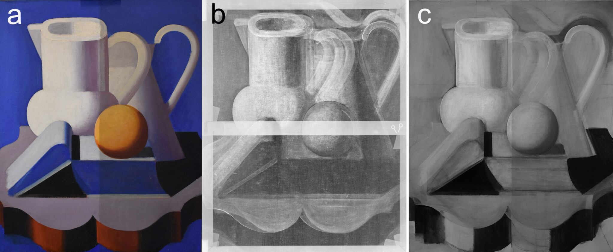 Fig. 10. Opstilling med kander halvt renset i henholdsvis (a) almindeligt lys, (b) røntgen og (c) IR (1550 nm ± 40).