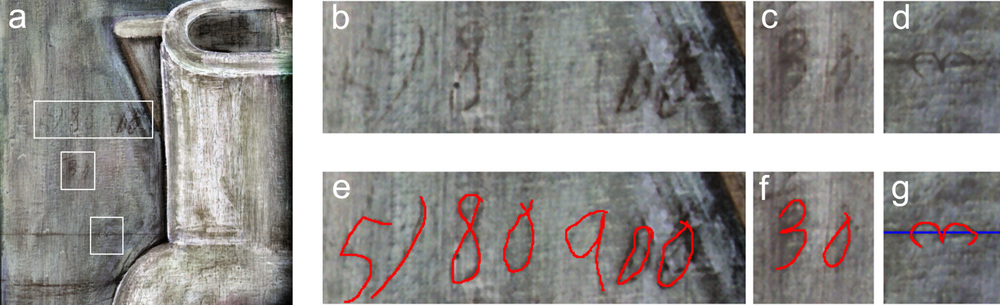 Fig. 13a-g. (a) Udsnit af infrarødt falsk farvebillede af Opstilling med kander med tre inskriptioner markeret med hvide rektangler. (b-d) Inskriptionerne angivet med hvide rektangler. (e-g) De samme Inskriptioner farvet i rødt afslører (e) en uklar inskription tolket som “5/80 900”, (f) tallet ”30” og (g) et 3-tal.
