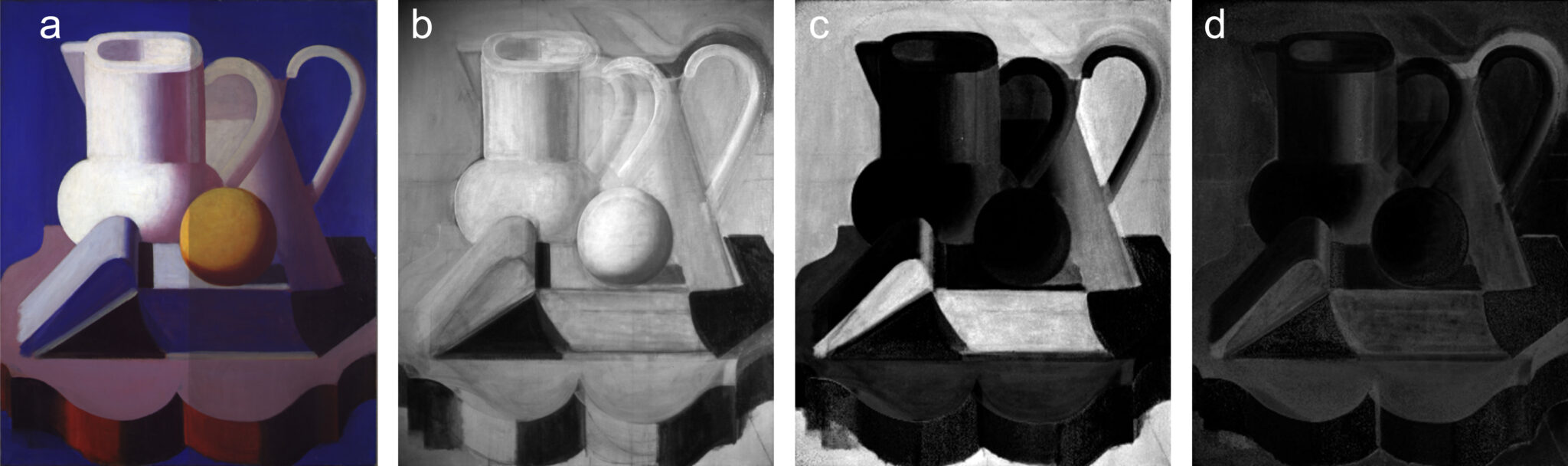 Fig. 15. Opstilling med kander. (a) Optagelse i almindeligt lys, (b) IR samt mængdekort for henholdsvis (c) ultramarin og (d) koboltblåt.