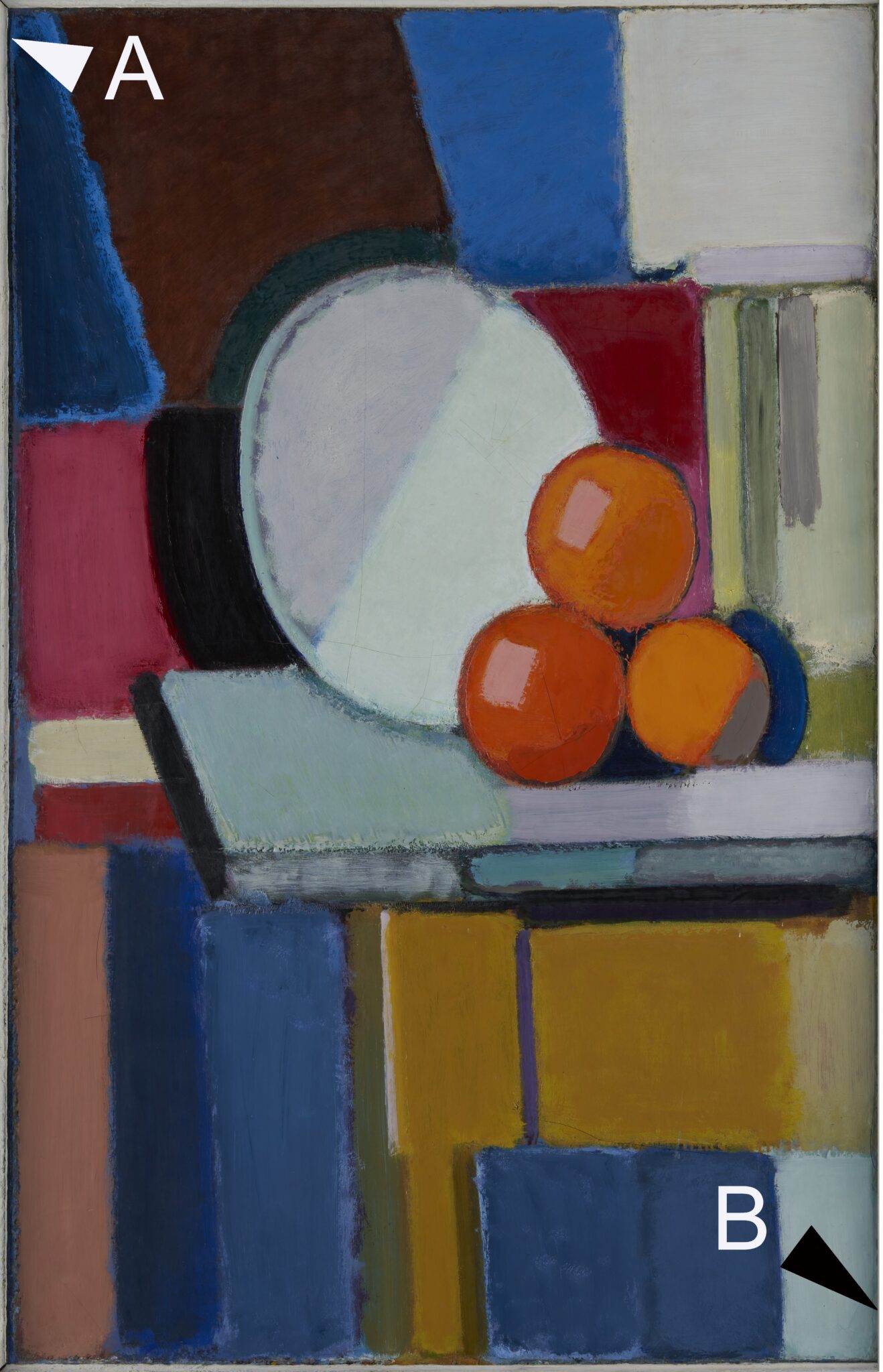 Fig. 7a. Nature morte. A og B angiver hvor prøver til farvesnit er udtaget, se fig. 7b.
